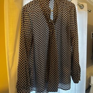 Women's Black and Cream Geometric Blouse with tie scarf